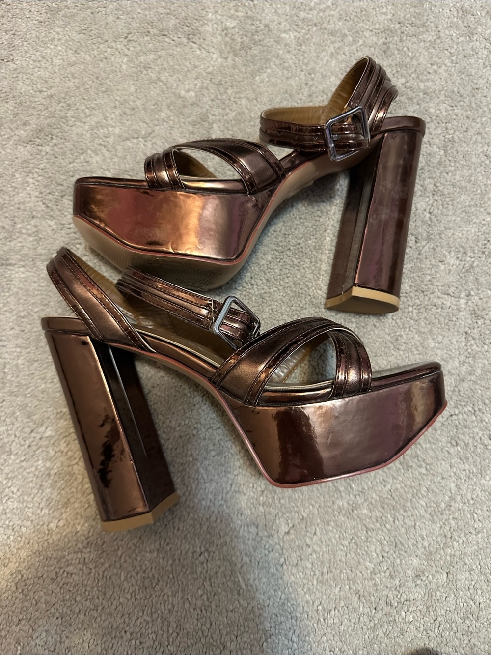 Metallic Bronze Platform Block Heel Sandals with Ankle Strap